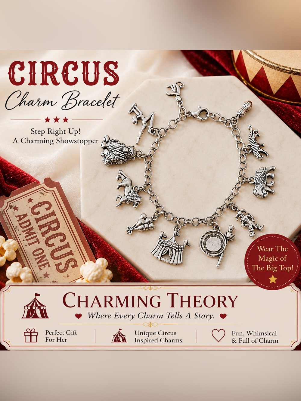 Circus Charm Bracelet | Carnival Jewelry | Elephant Lion Tiger Clown Circus Tent